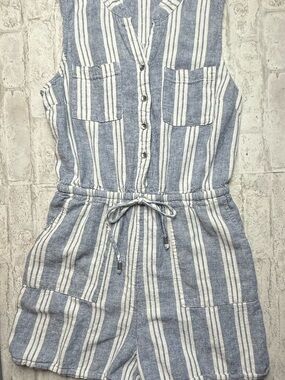 Kelly Renee Romper Womens M Linen Rayon Striped Drawstring Chambray Blue 😍